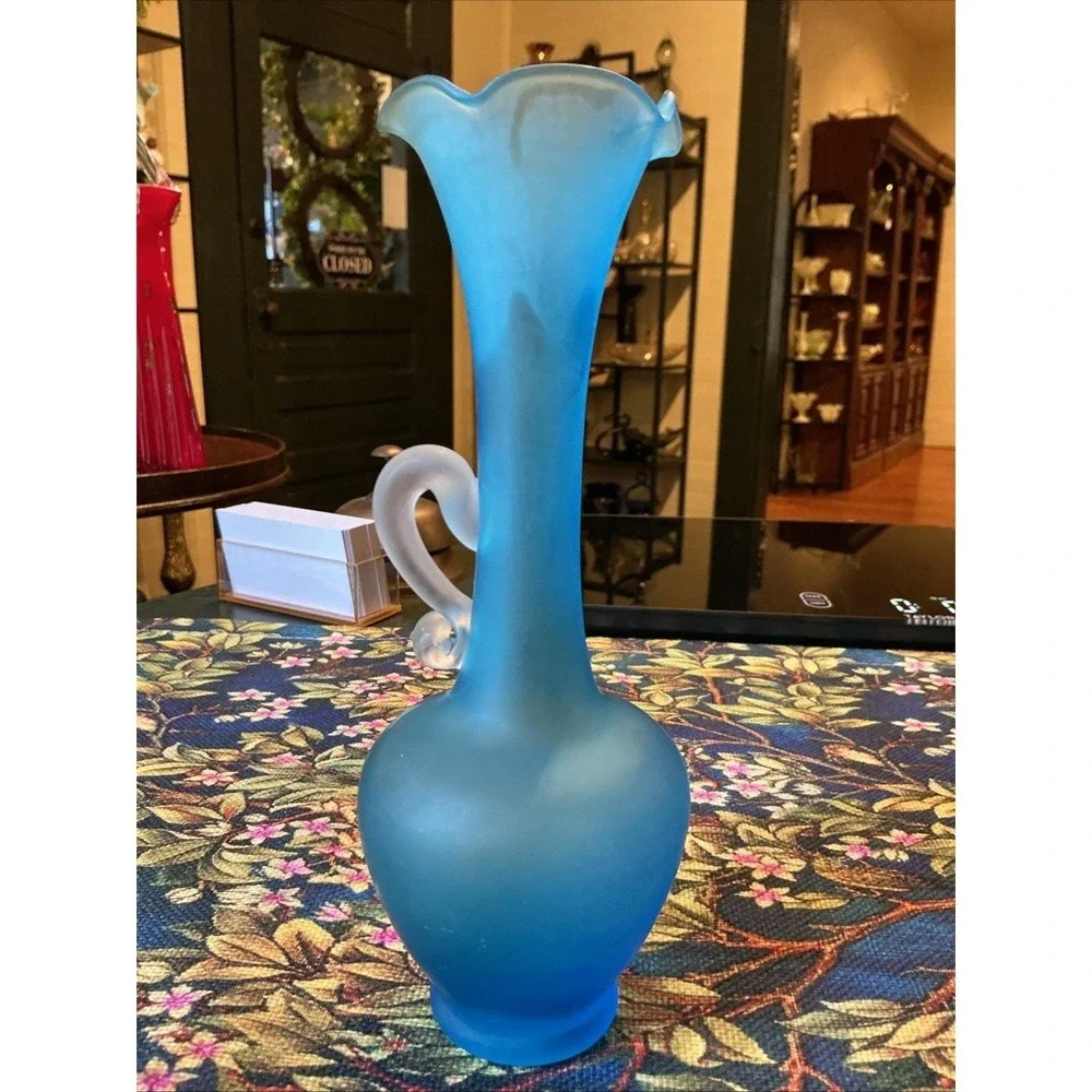 Vintage Peacock Blue Satin Glass 8 Inch High Bud Vase With Frosted Handle